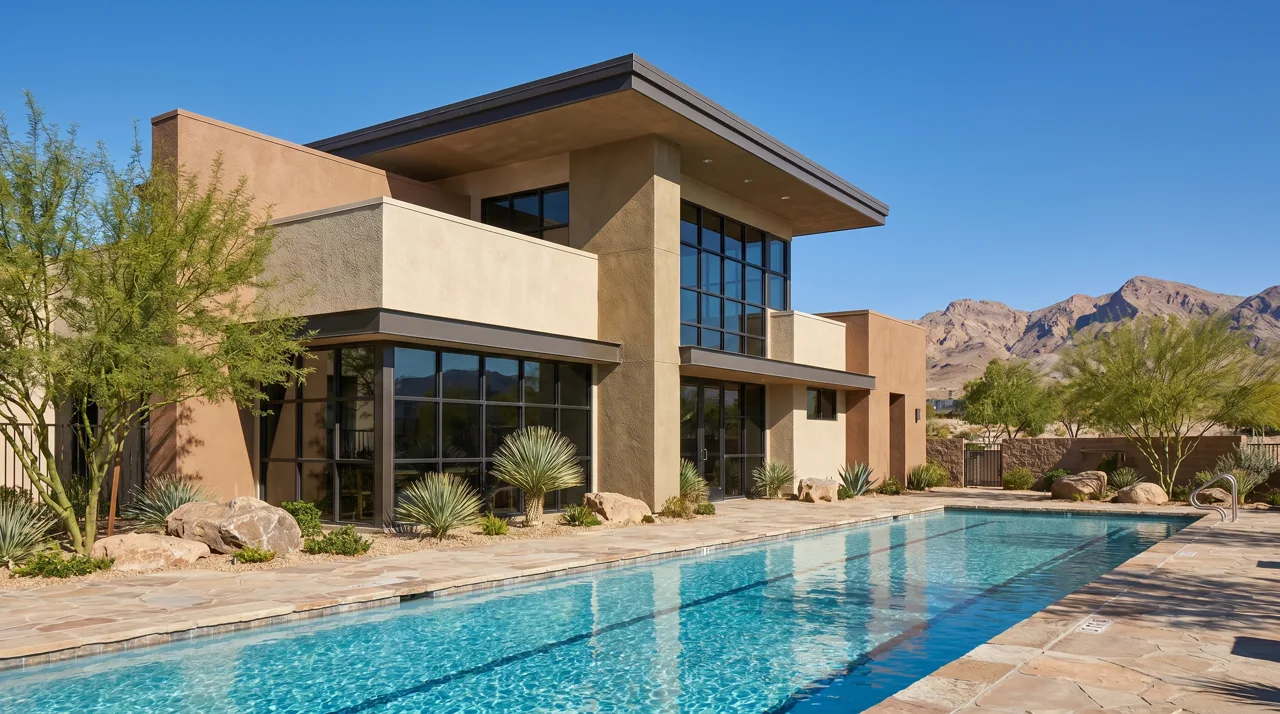Modern community center exterior with an outdoor lap pool and desert landscaping in northwest Las Vegas