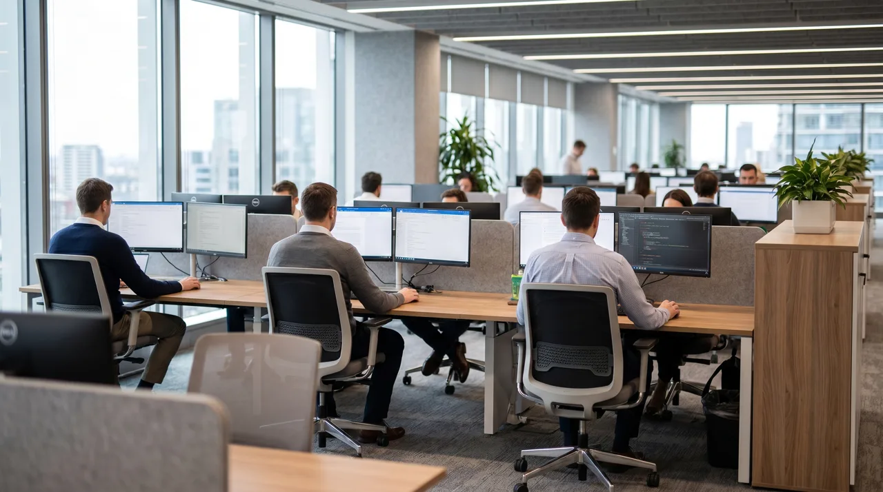 Modern corporate office interior with professionals working at computers