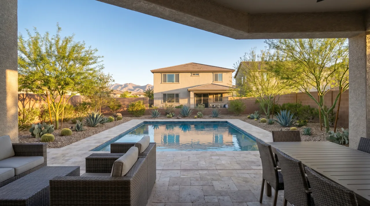 Modern desert landscaped backyard with a rectangular pool in a suburban Las Vegas home