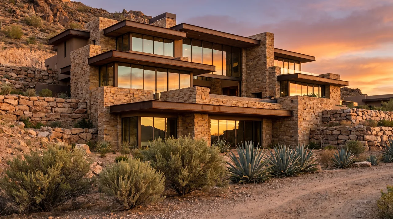 Dramatic modern desert-contemporary mansion built into a rocky hillside with floor-to-ceiling glass walls