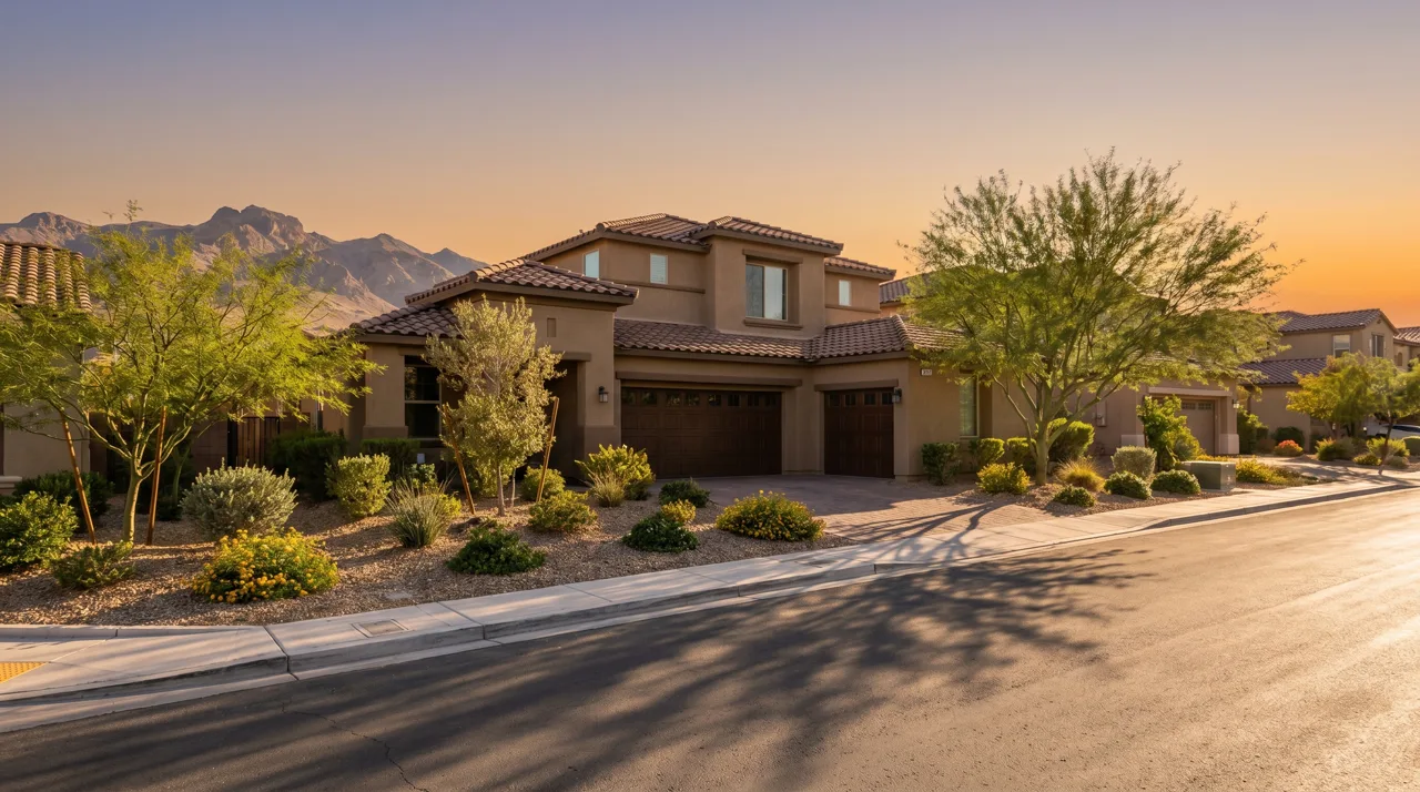 Modern single-family stucco home in a Las Vegas master-planned community at sunset with mountains in the background
