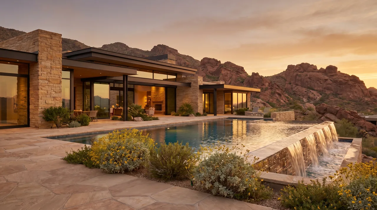 Modern desert-contemporary luxury estate with an infinity pool overlooking a rocky mountain landscape at sunset