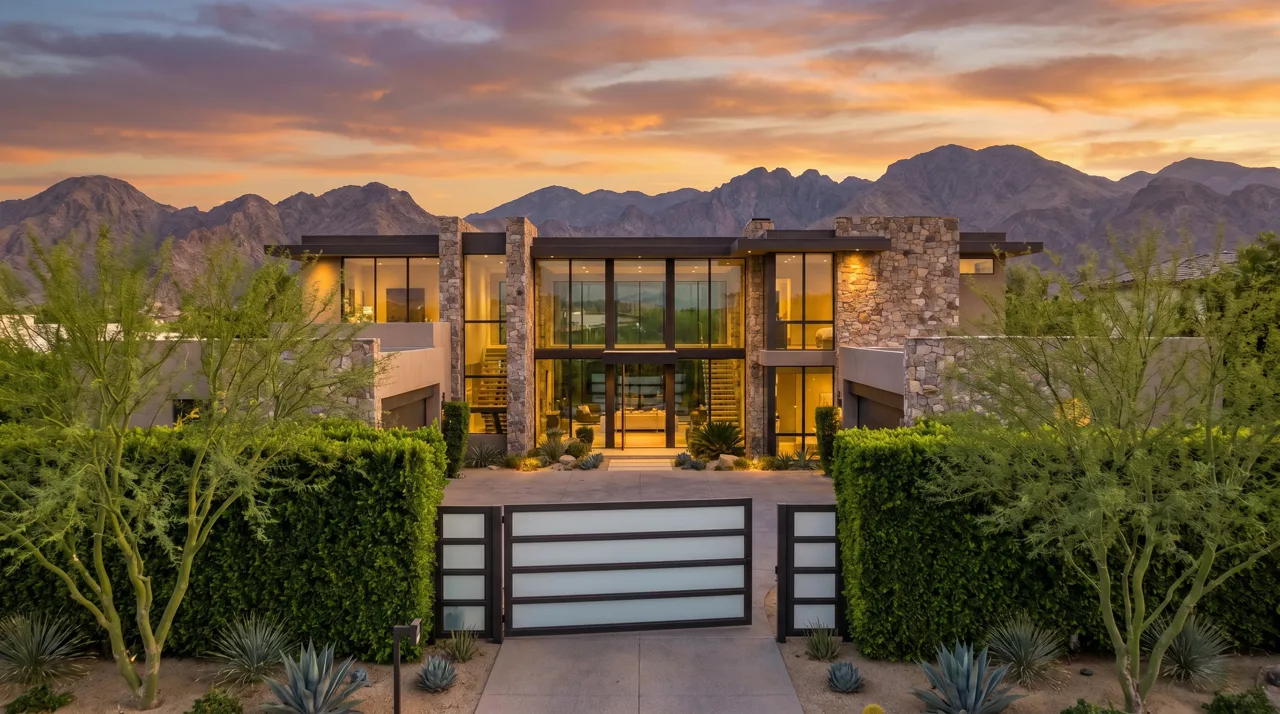 Modern luxury estate behind a triple-gated entry with tall hedges in a Las Vegas desert community at sunset