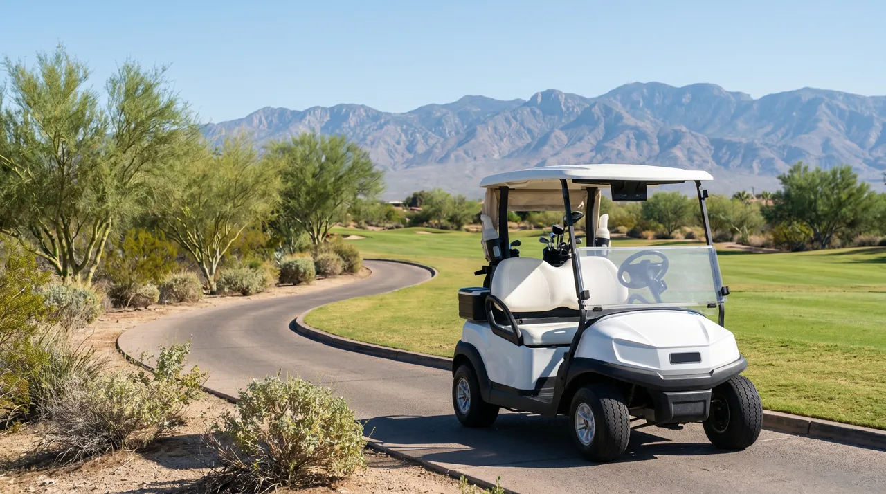 Modern golf cart parked on a cart path beside a Las Vegas desert fairway