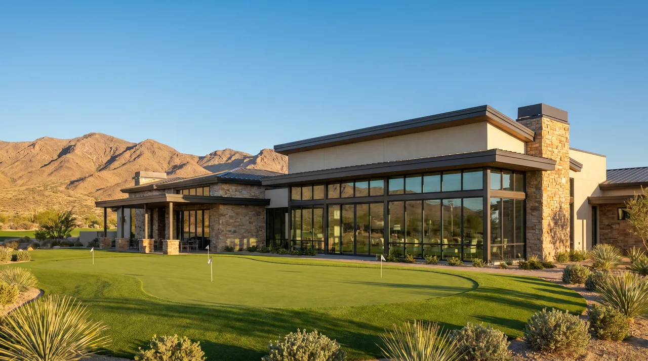 Contemporary luxury golf clubhouse with large windows and stone accents, desert mountains in the background at afternoon light