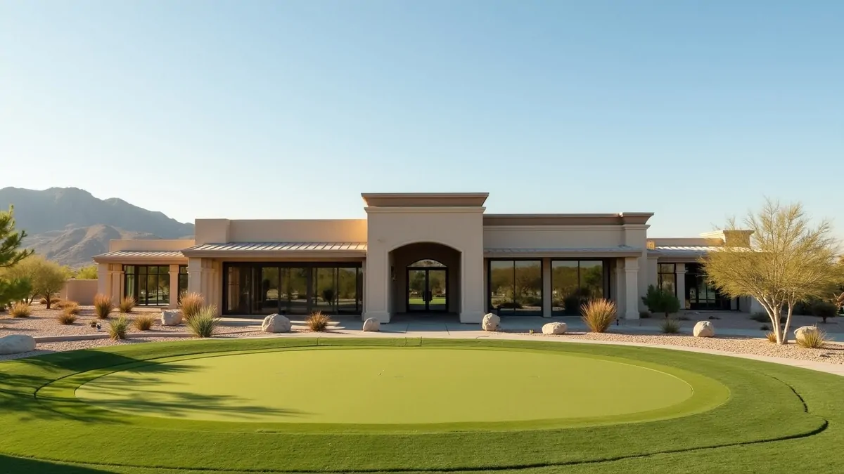 Modern golf clubhouse with large windows and desert background, afternoon light.
