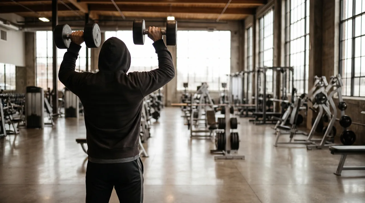 Person lifting dumbbells in a bright modern commercial gym in Summerlin Las Vegas