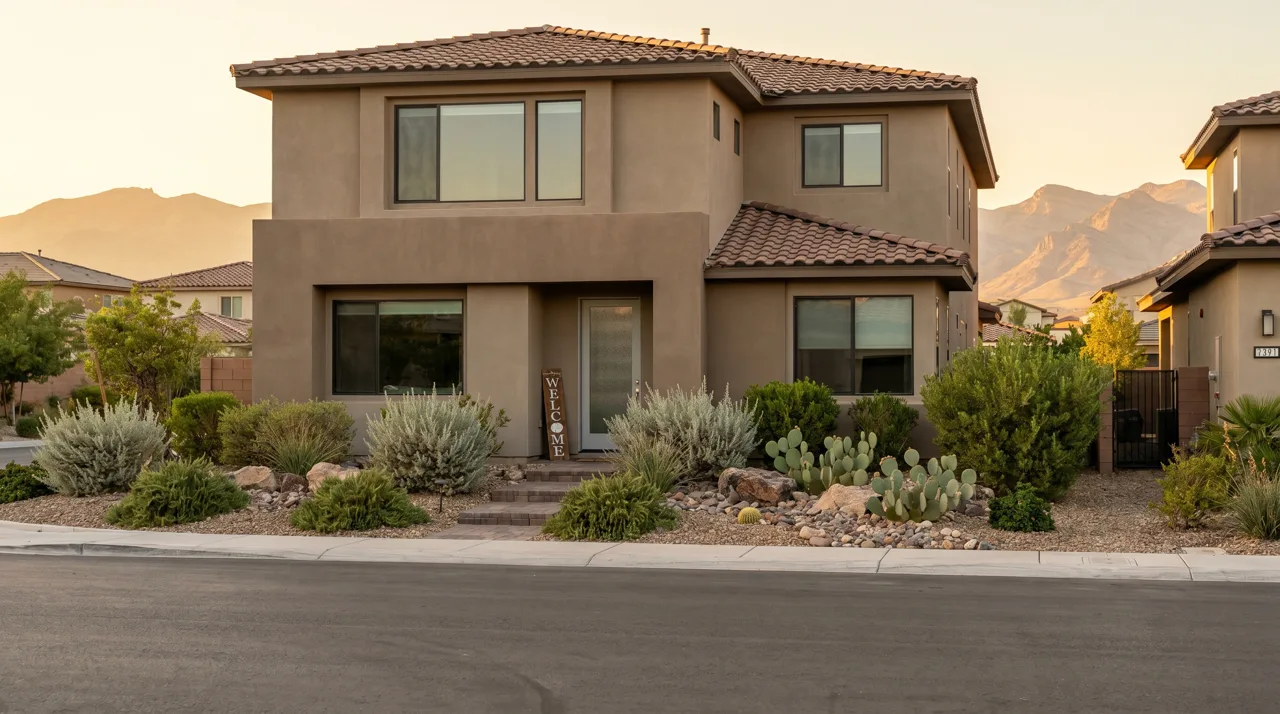 Modern Henderson-style home exterior with desert landscaping and a small welcome sign by the front door