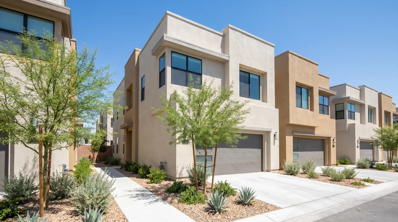 Modern townhome community in a Las Vegas master-planned neighborhood with desert landscaping