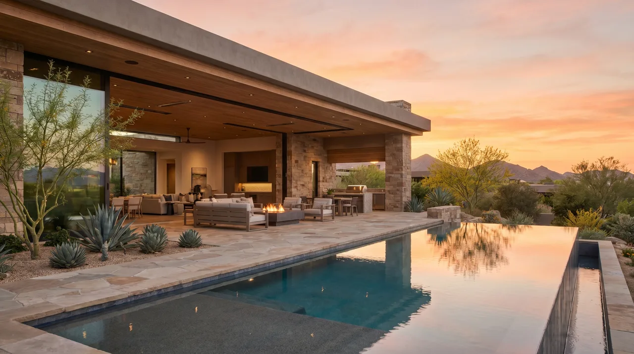 Modern desert contemporary luxury home with infinity pool facing the Las Vegas desert at sunset