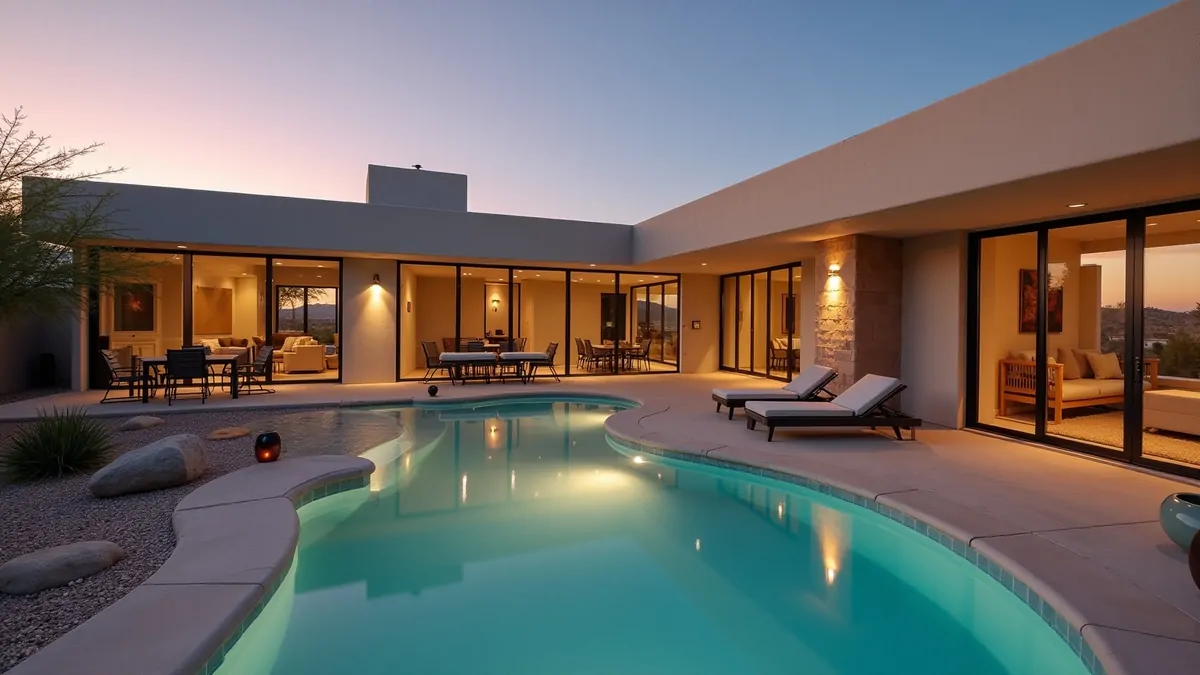 Modern home with pool facing the Las Vegas desert at sunset