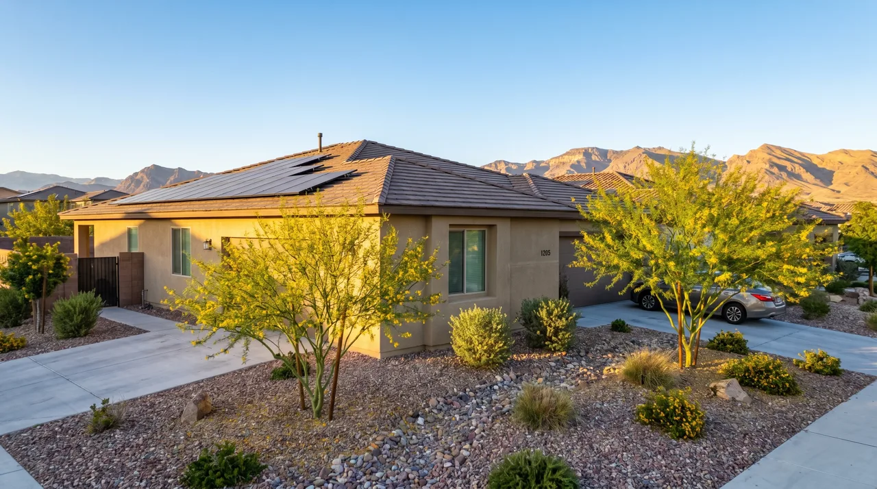 Modern Las Vegas stucco home with rooftop solar panels glowing in late afternoon sunlight