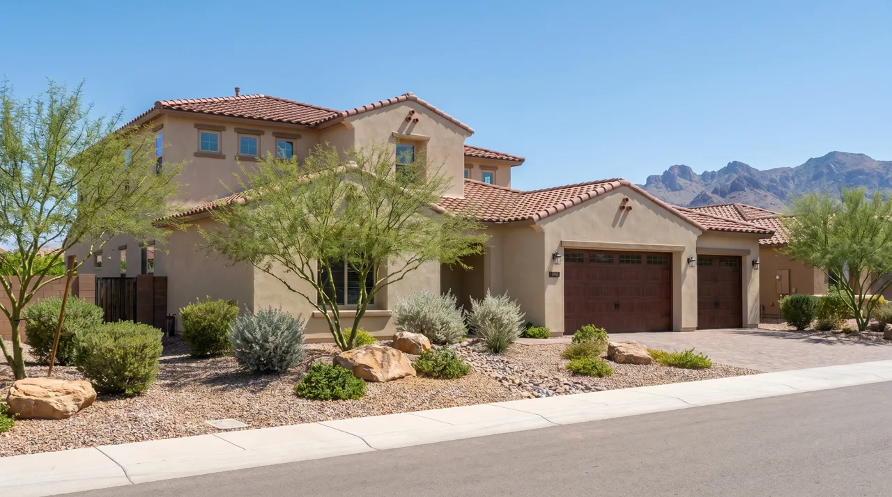 Modern single-family home with three-car garage and desert landscaping in a Las Vegas master-planned community