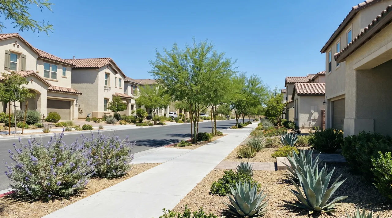 Modern single-family homes with desert-friendly xeriscaping in a Las Vegas master-planned community