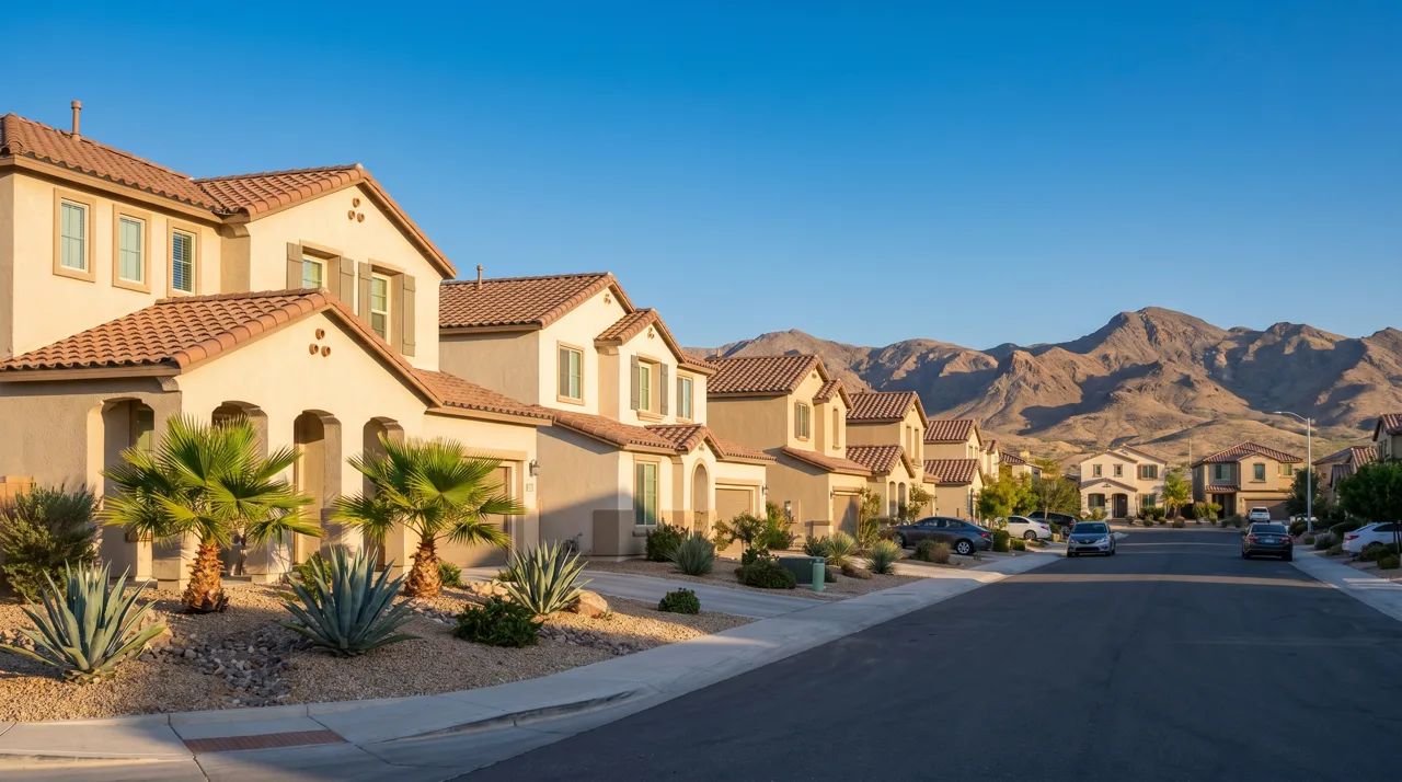 Row of modern single-family homes with desert landscaping in a Las Vegas suburban neighborhood