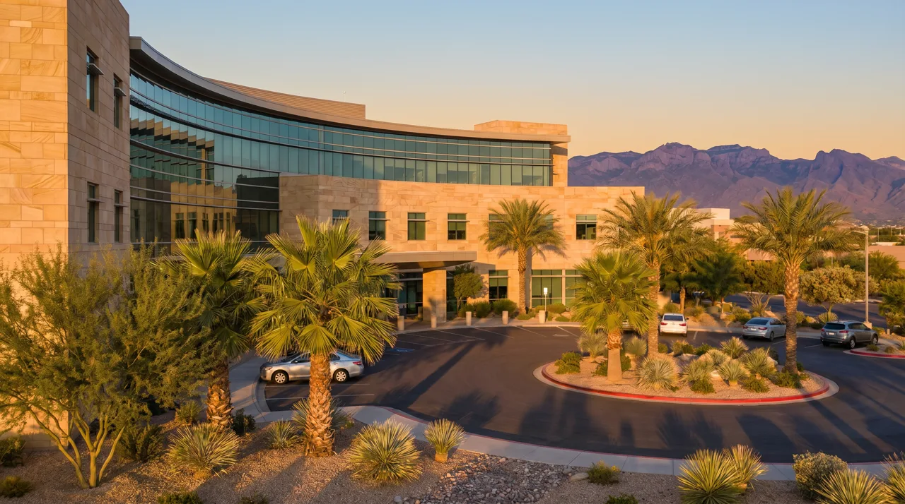 Exterior of a modern Las Vegas hospital with palm trees and desert landscaping at golden hour