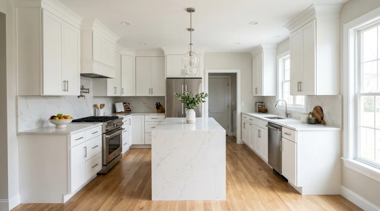 Modern updated kitchen interior with white quartz countertops and white shaker cabinets