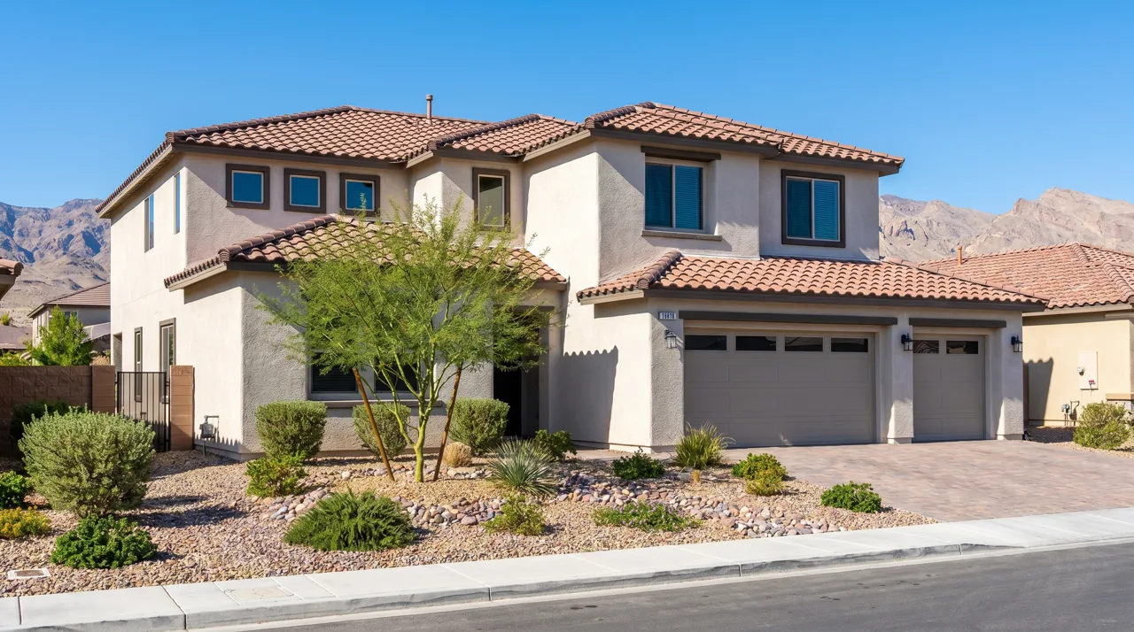 Modern single-family stucco home with desert landscaping and mountains visible behind it
