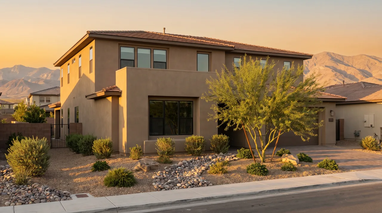 Modern single-family home exterior with desert landscaping and mountain views in a Las Vegas master-planned community