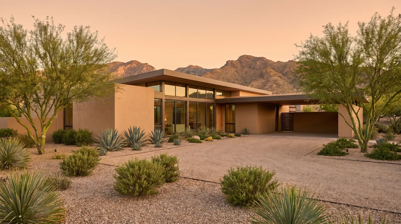 Stylish modern home with desert landscaping in a Las Vegas neighborhood at golden hour