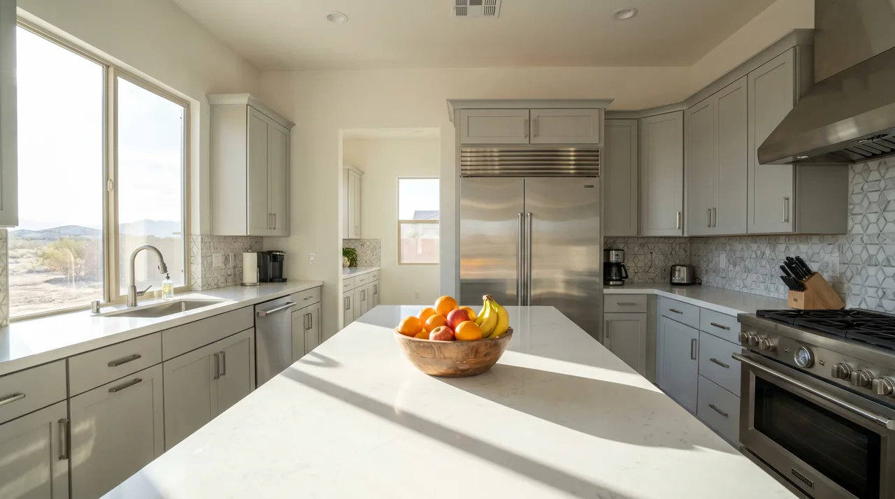 Modern Las Vegas home kitchen with white quartz counters, stainless steel appliances, and morning light coming through a window
