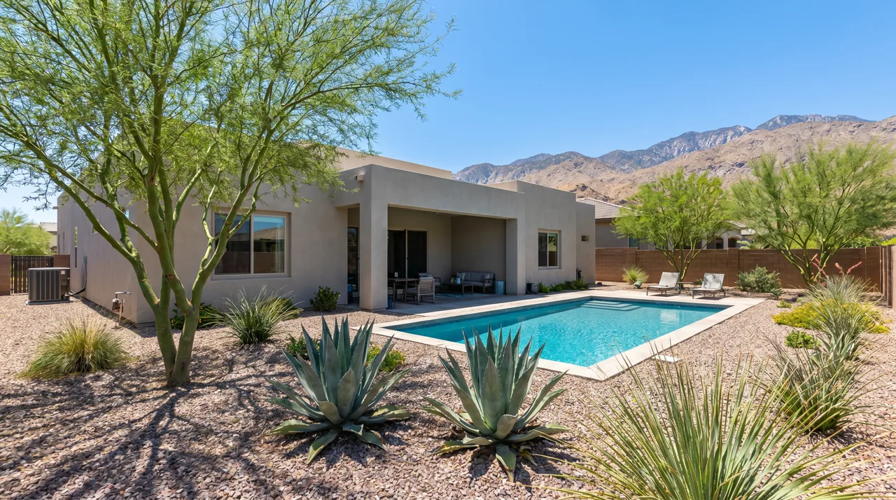 Modern single-story Las Vegas home with a private backyard swimming pool and desert landscaping