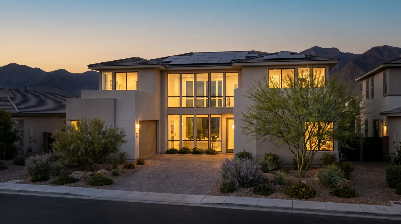 Modern Las Vegas home at dusk with rooftop solar panels, warm interior lights, and desert landscaping