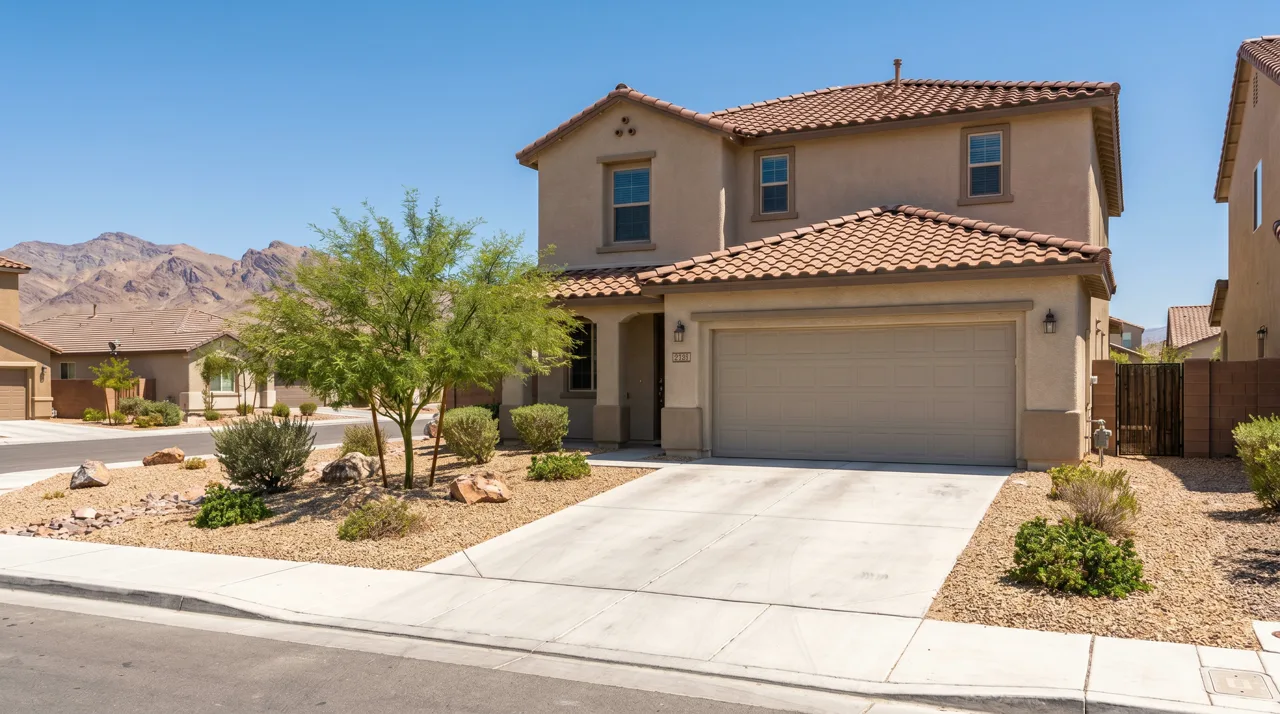 Modern single-family stucco home with tile roof and desert landscaping in a Las Vegas suburban neighborhood with mountains in the distance