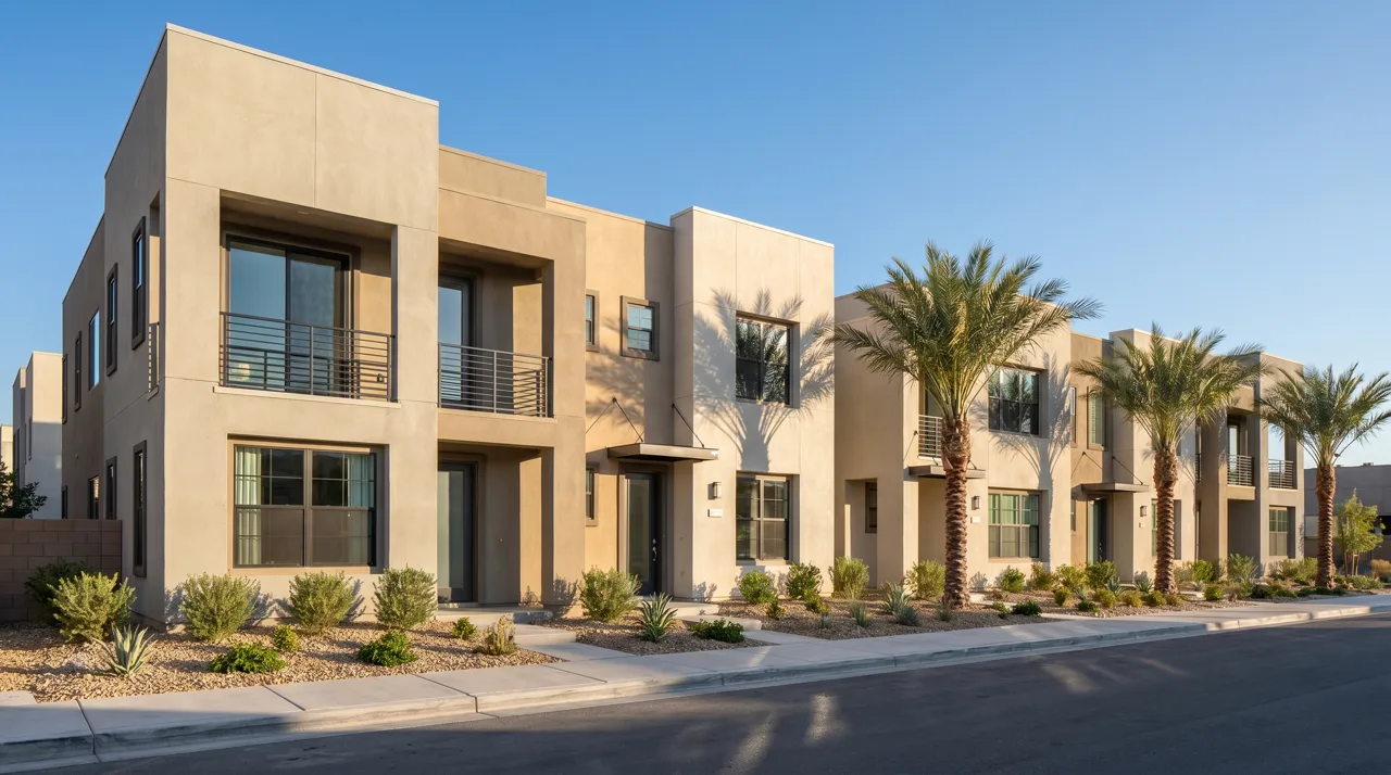 Row of modern Las Vegas townhome condos with desert landscaping and palm trees