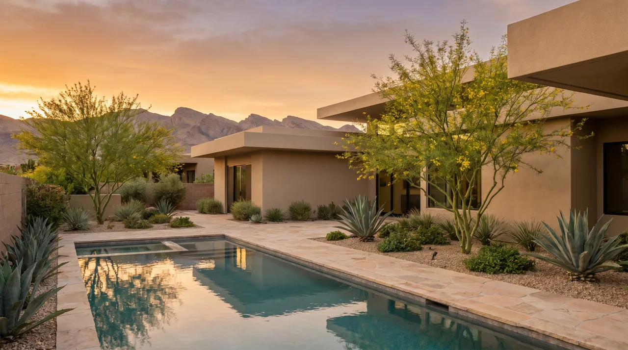Modern Las Vegas vacation rental home exterior with a backyard pool and desert landscaping