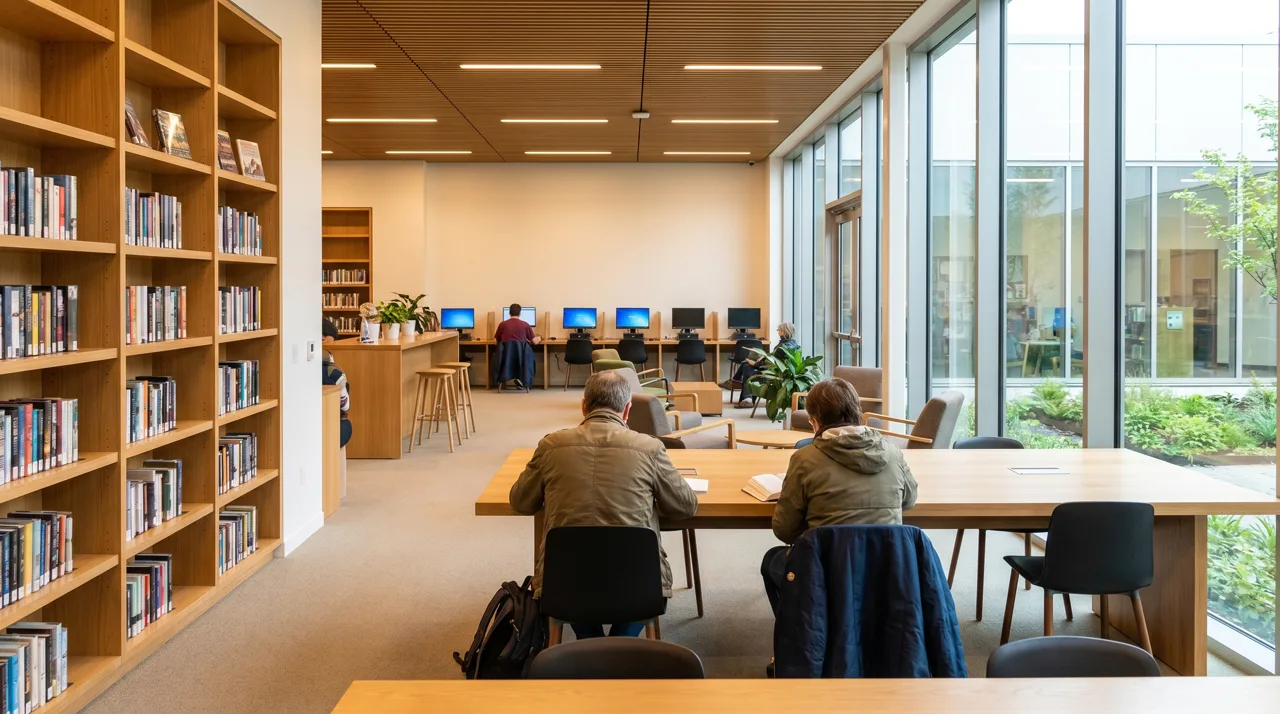 Modern library interior with people reading at tables and using computers
