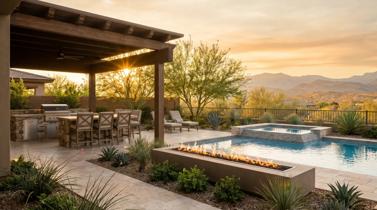 Modern luxury Las Vegas backyard with a pool, spa, fire feature, and outdoor kitchen under a covered patio