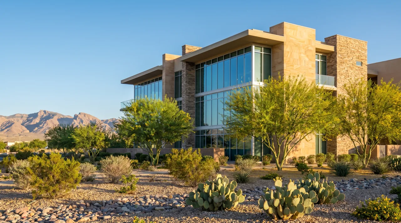 Modern luxury condominium building exterior with desert landscaping and mountains in Henderson Nevada