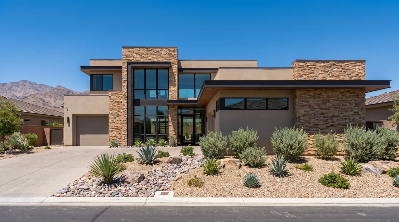 Modern contemporary luxury home with desert landscaping in Las Vegas under a clear blue sky