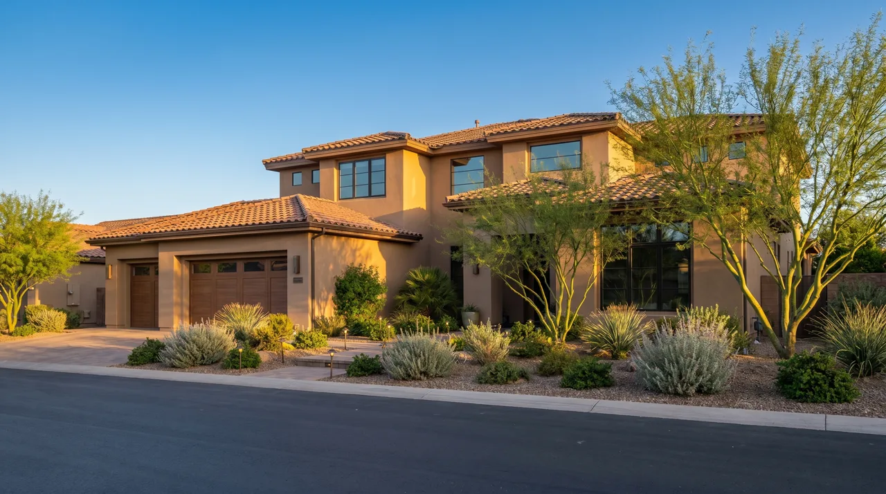 Modern single-family luxury home with stucco facade, tile roof, and desert landscaping in a Las Vegas master-planned community