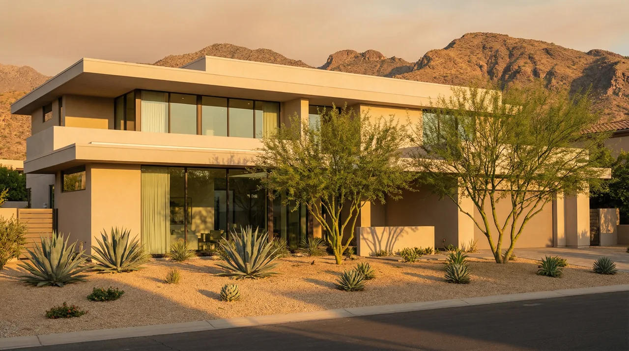Modern luxury two-story stucco home with desert xeriscaping and mountain views in Las Vegas