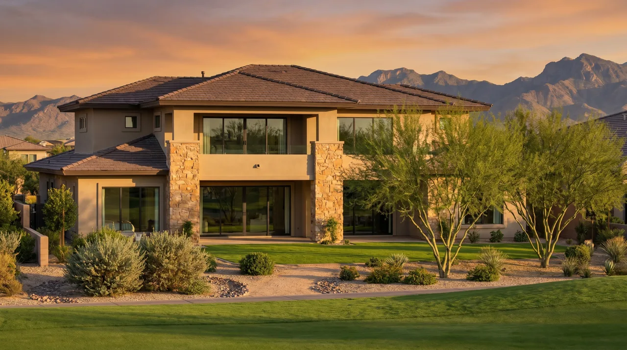 Modern luxury stucco home backing up to a manicured golf course fairway in the Las Vegas desert