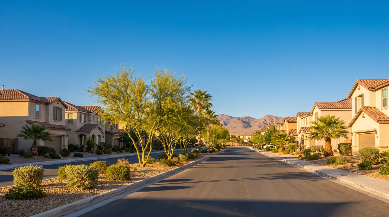 Modern single-family stucco homes in a Las Vegas master-planned community with desert landscaping and mountain views