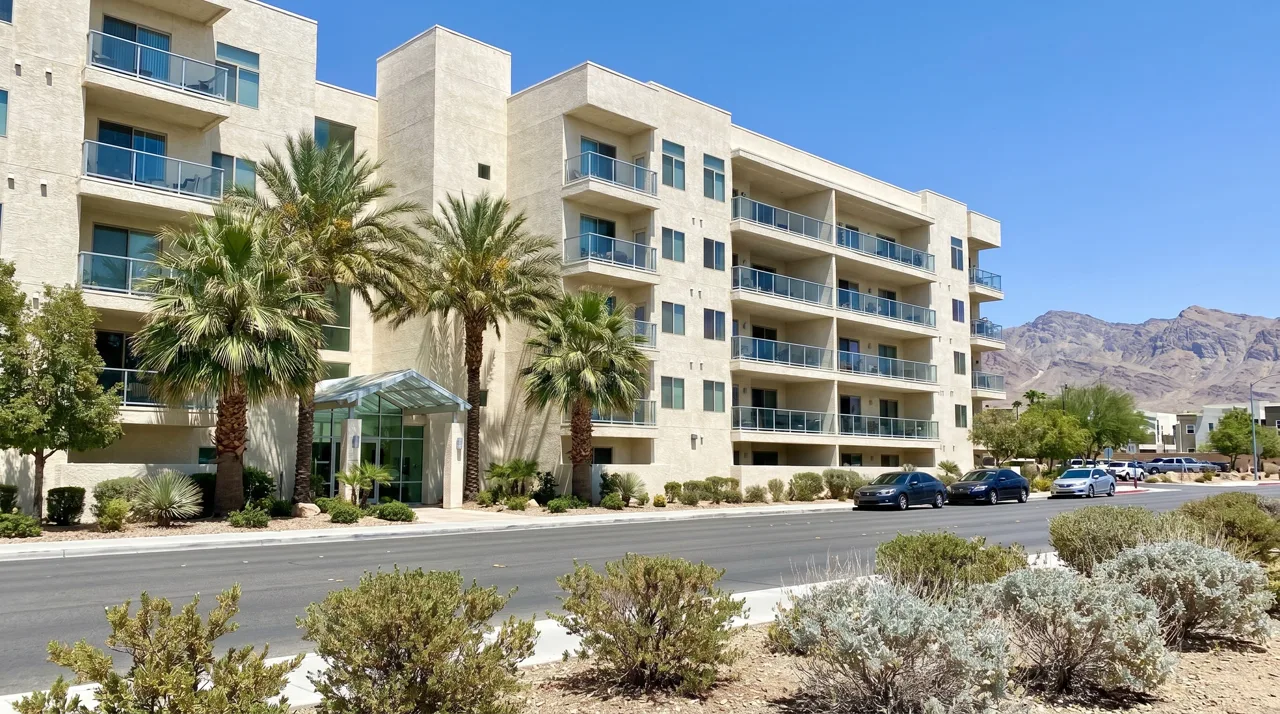 Modern mid-rise condo building exterior with palm trees and desert landscaping in Las Vegas