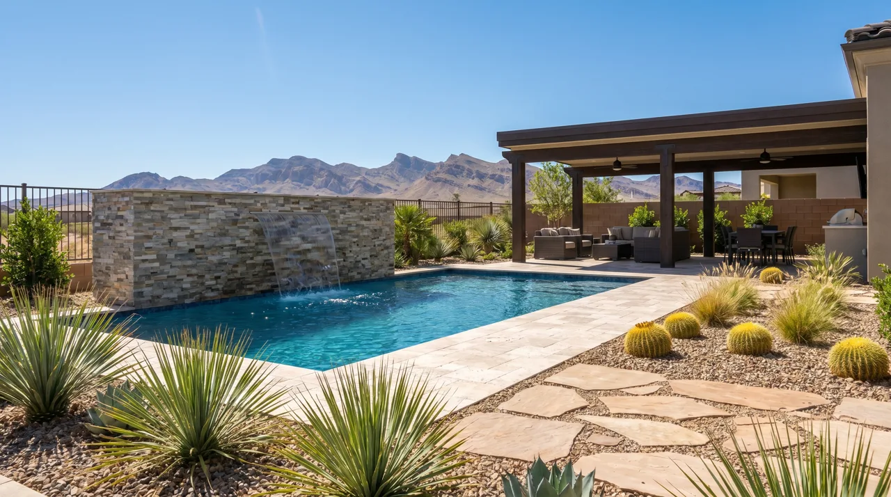 Modern Las Vegas backyard swimming pool with a sheer descent waterfall and travertine deck under a covered patio
