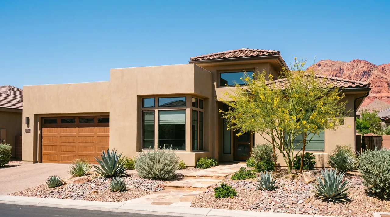 Modern single-family rental home with low-water desert landscaping in the front yard