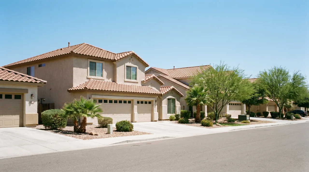 Modern single-family stucco homes line a quiet residential street in a Northwest Las Vegas neighborhood