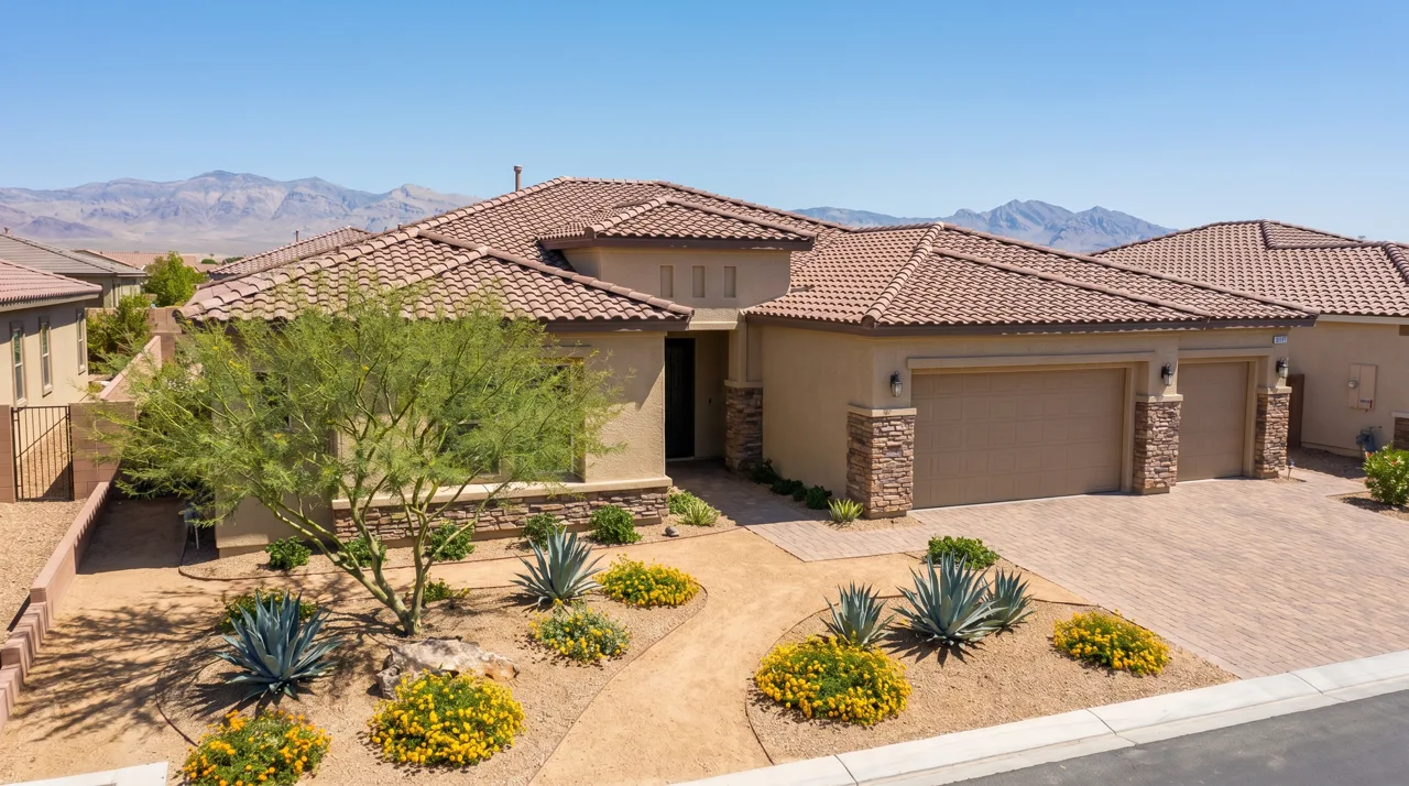 Modern single-story stucco home with xeriscape desert yard in Las Vegas