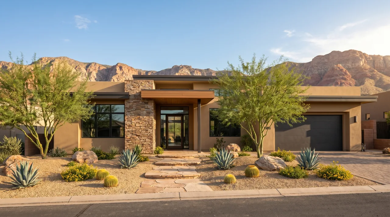Modern Southwest-style single-family home with desert xeriscaping and mountain backdrop