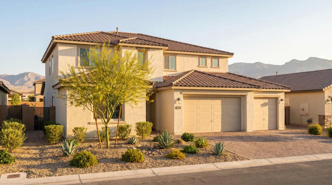Modern stucco single-family home with desert landscaping and a three-car garage in a Las Vegas suburb