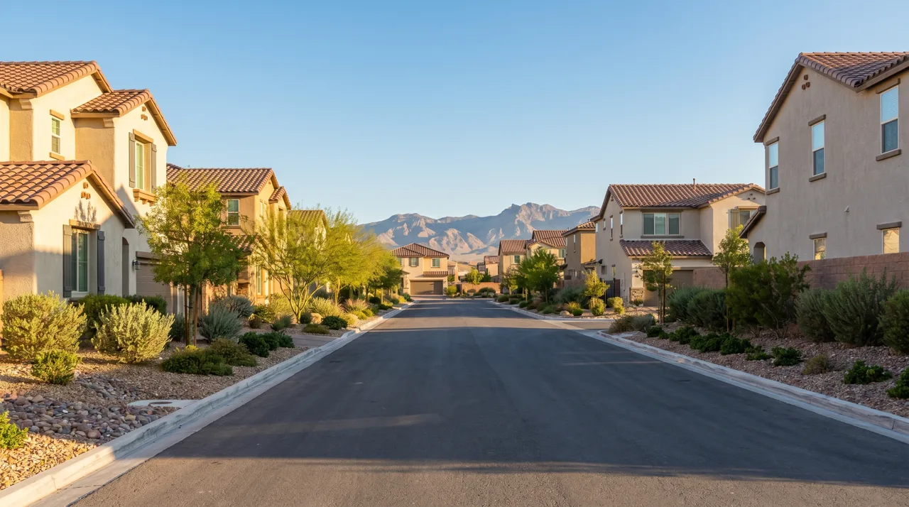 Modern stucco homes with desert landscaping along a Las Vegas master-planned community street