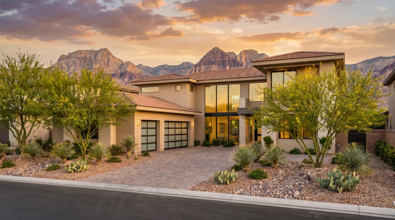 Modern two-story Las Vegas luxury home exterior with paver driveway, desert landscaping, and Spring Mountains in the background