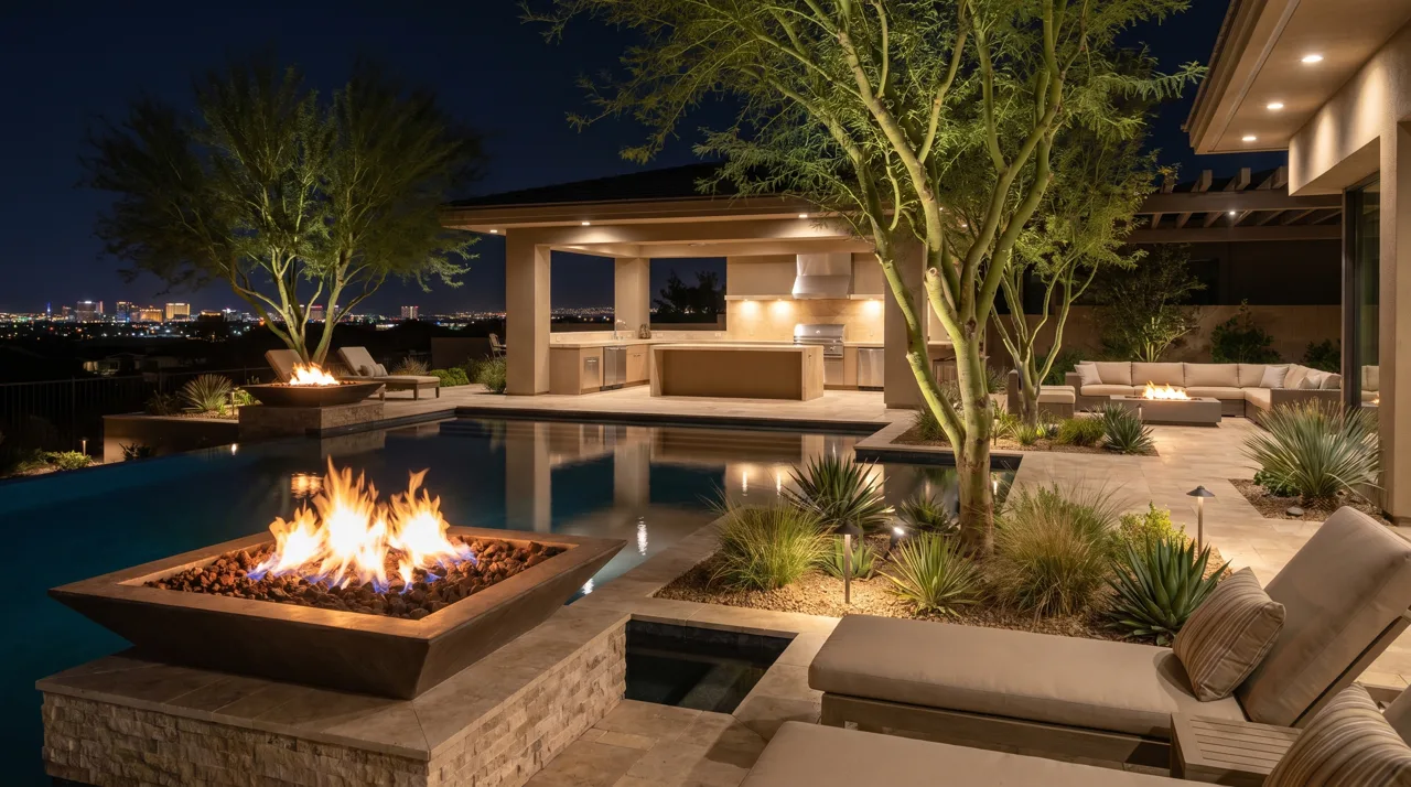 Modern Las Vegas backyard at night with pool, fire bowl, outdoor kitchen, and zoned warm lighting on patio and trees