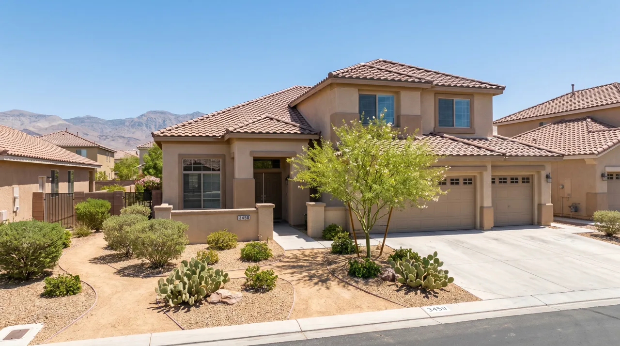 Modern single-family home with tile roof and desert landscaping in a Las Vegas neighborhood