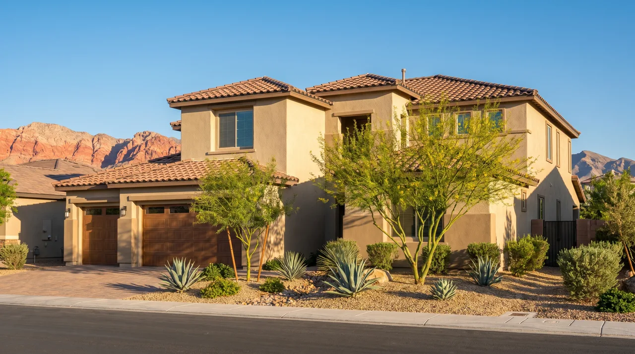 Modern Las Vegas single-family home with stucco facade, desert xeriscaped front yard, and red rock mountains in the distance